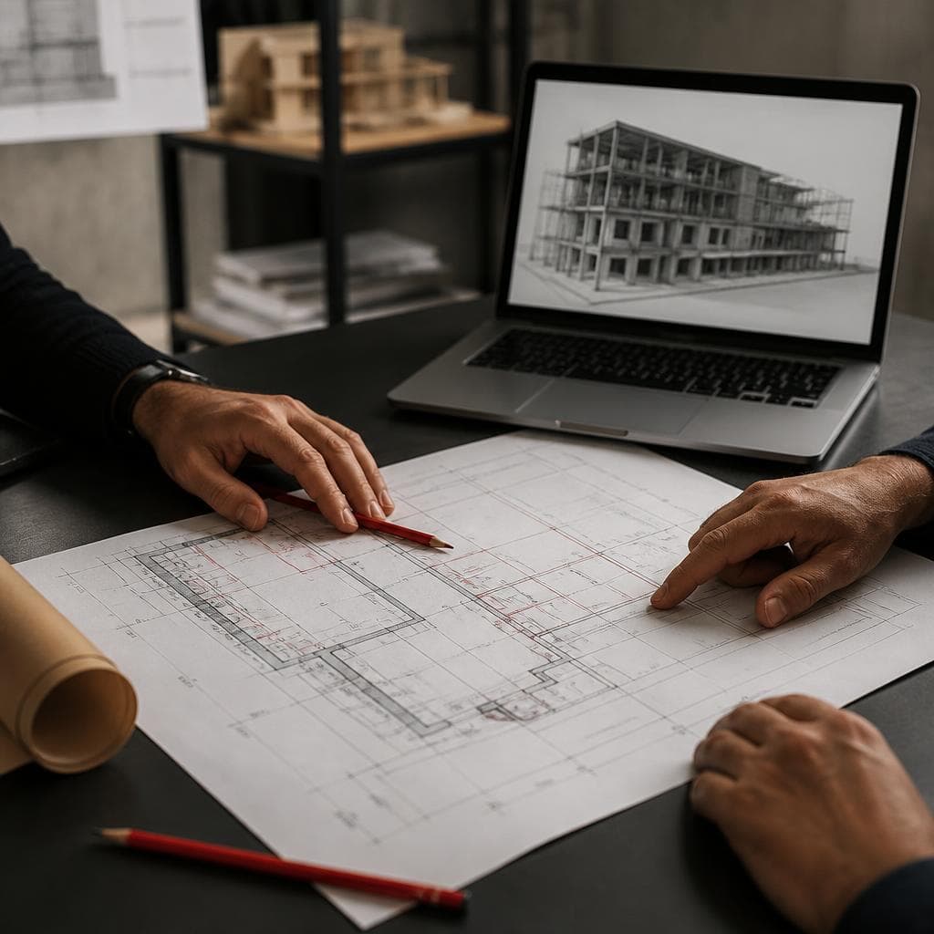 Équipe réunie autour de plans et d'une maquette BIM